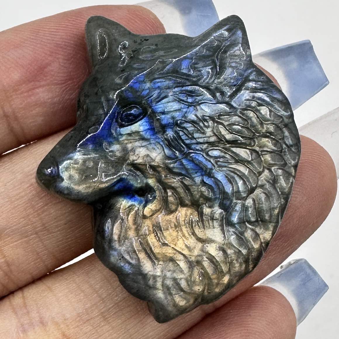 Natural Labradorite Wolf Carvings with Glow, 2 Styles Labradorite Animal Sculptures, Wolf Sculptures