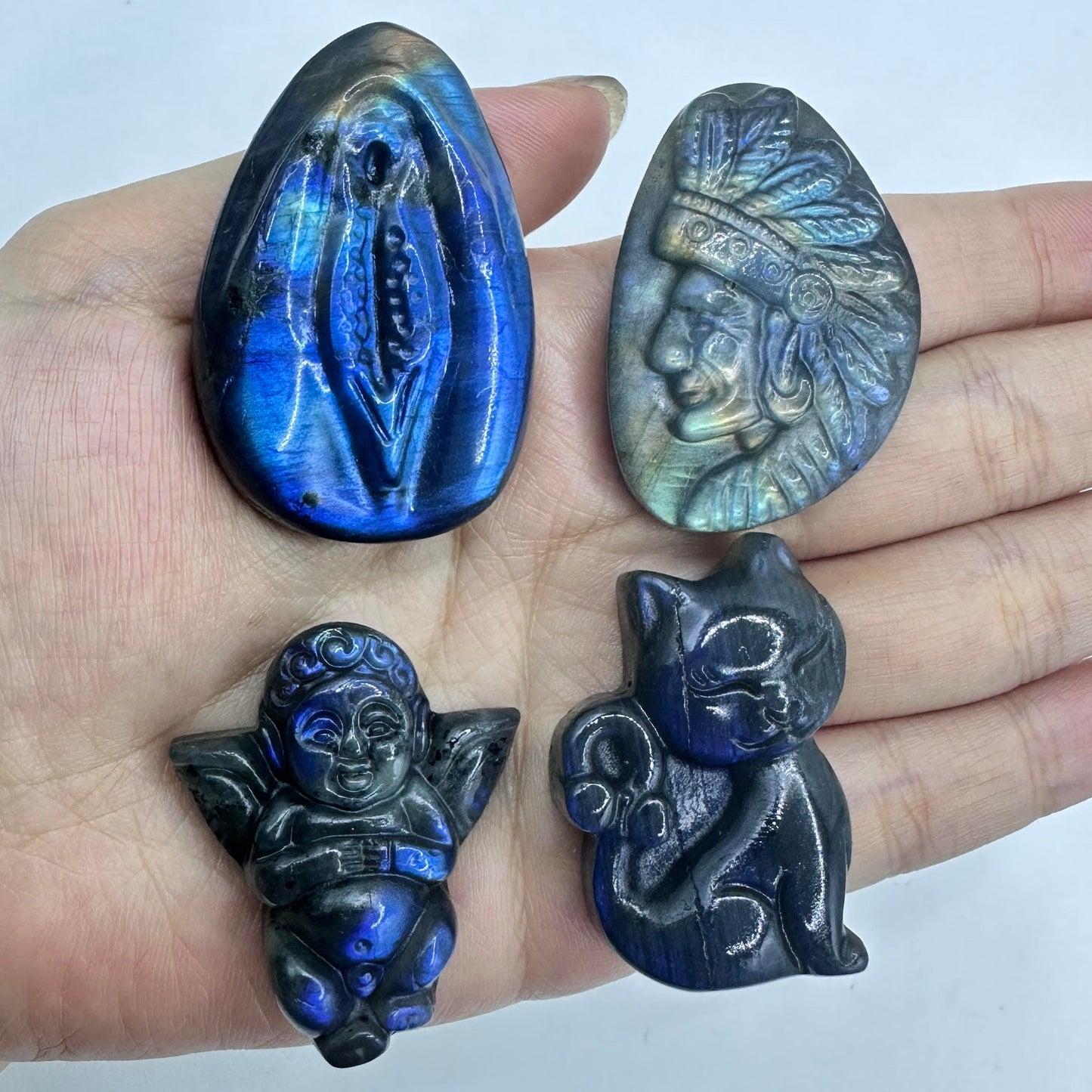 Natural Labradorite Cat Carvings with Glow, Labradorite Animal Sculptures, Cat Sculptures