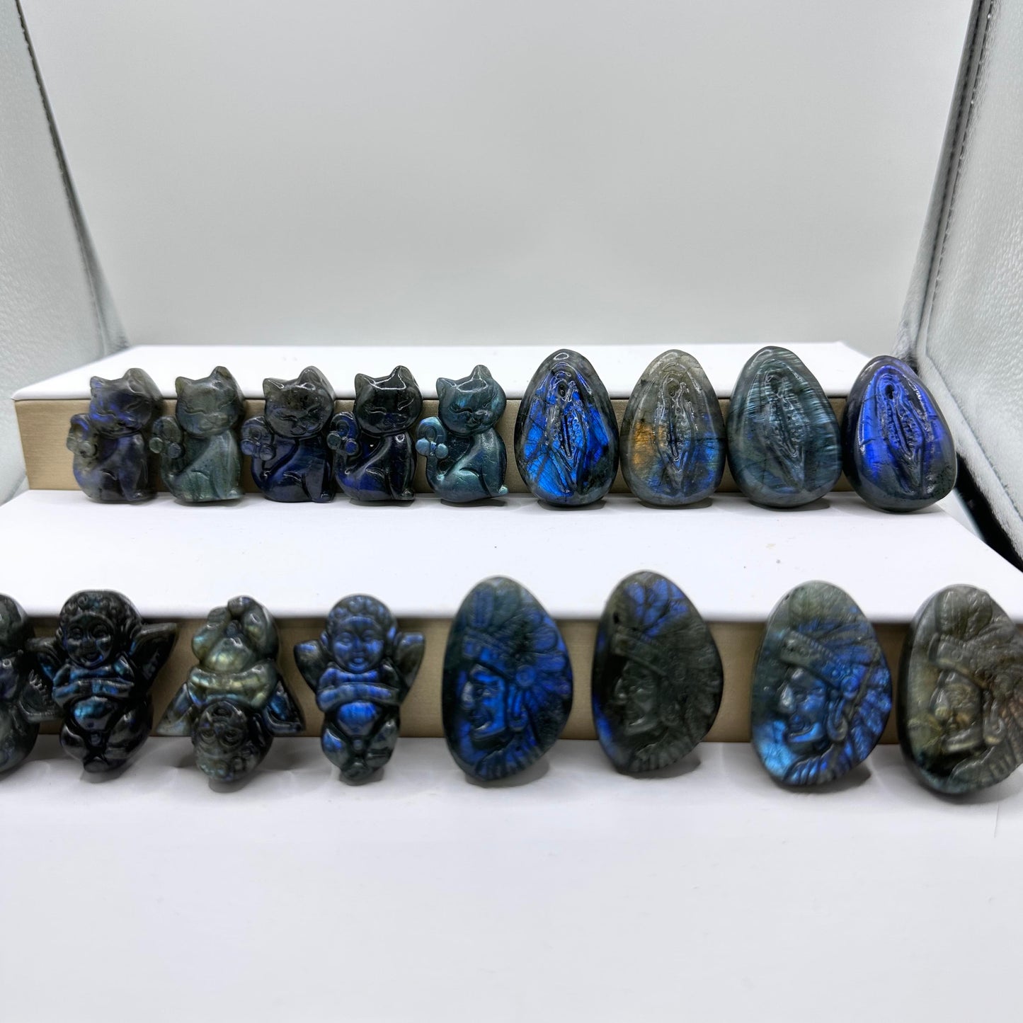 Natural Labradorite Cat Carvings with Glow, Labradorite Animal Sculptures, Cat Sculptures