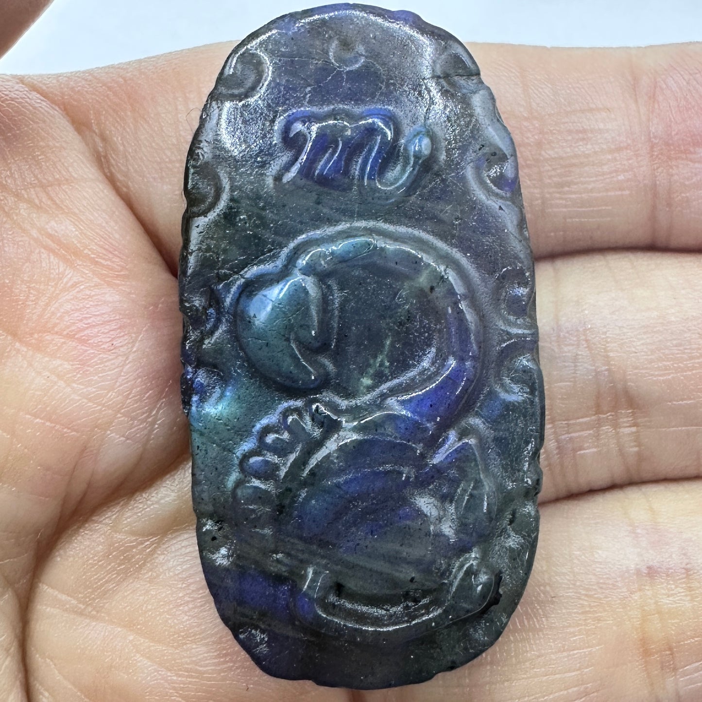 Zodiac Labradorite Plate, Antique-Style Zodiac Carving with Labradorescence. Zodiac Gemstone Plate, Natural Labradorite Sculpture