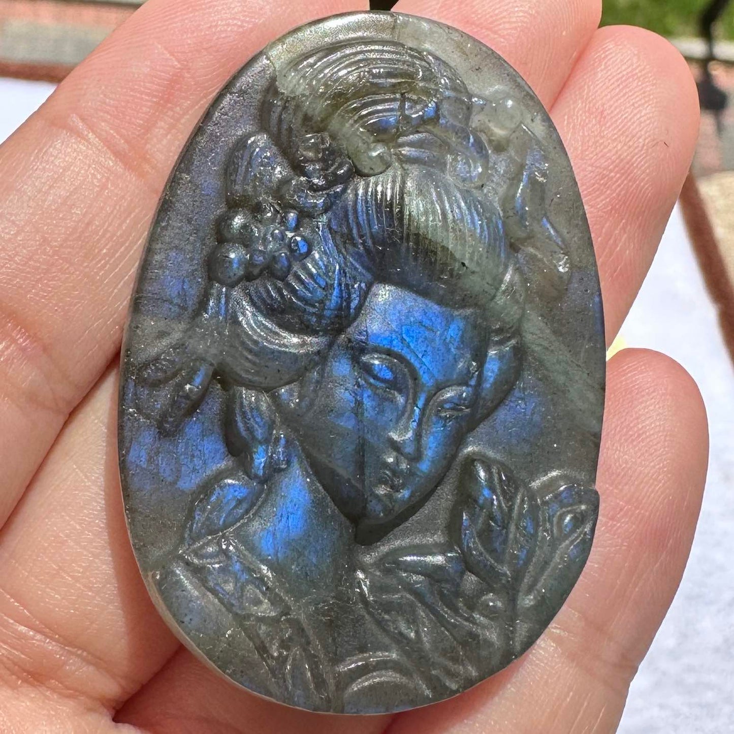 Natural Labradorite Ancient Beauty Carvings with Glow, Labradorite Ancient Beauty Sculptures, Asian Figure Carving