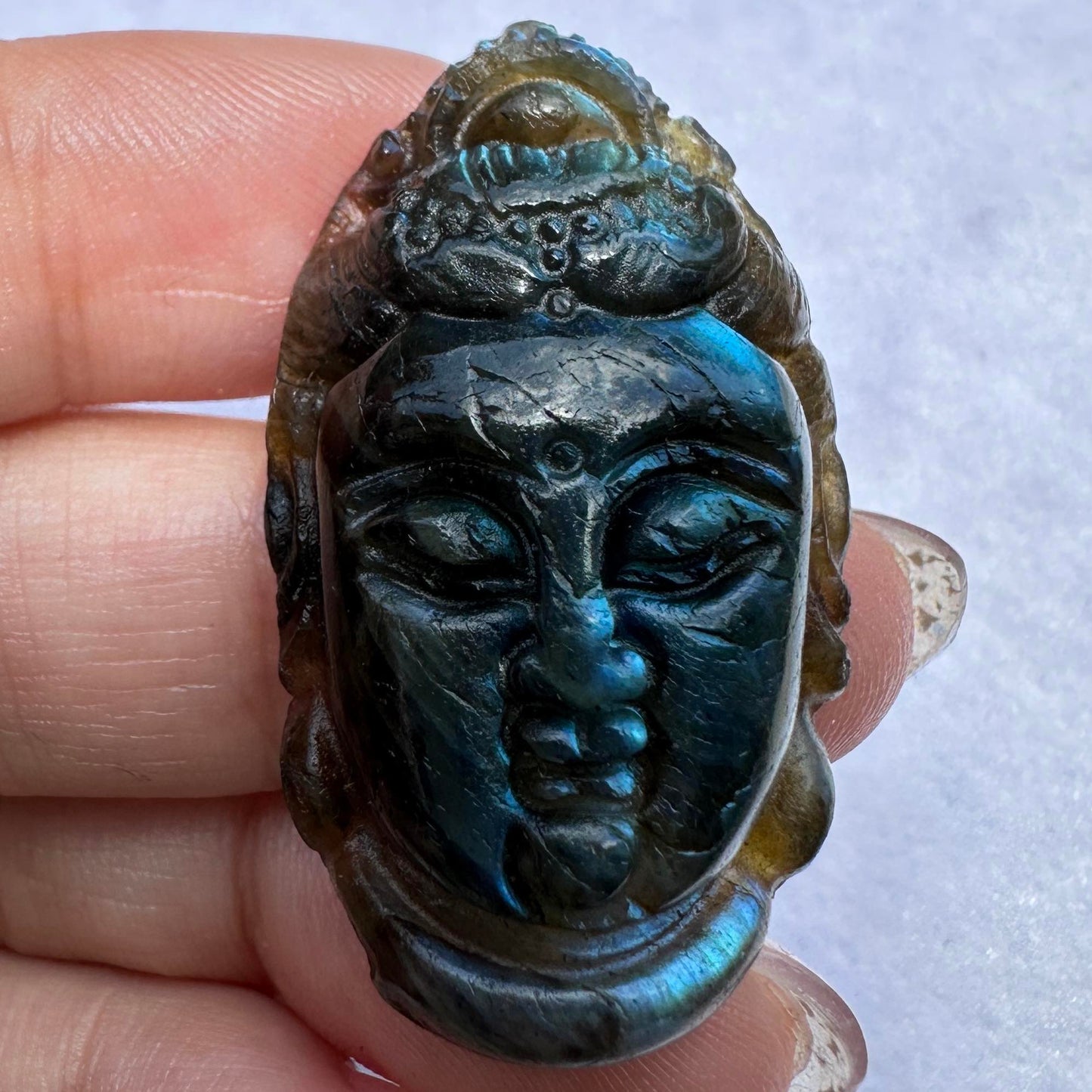 Natural Labradorite Buddha Head Carving, 3 Styles Beautiful Handcrafted Sculpture with Mesmerizing Flash; Gemstone Religious Carving, Divine Figurine, Crystal Carving