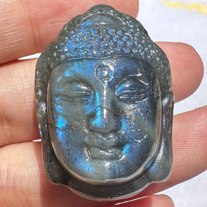 Natural Labradorite Buddha Head Carving, 3 Styles Beautiful Handcrafted Sculpture with Mesmerizing Flash; Gemstone Religious Carving, Divine Figurine, Crystal Carving