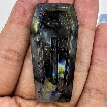 Natural Labradorite Coffin Carvings with Glow, Labradorite Coffin Sculptures, Halloween-themed Labradorite Figurine