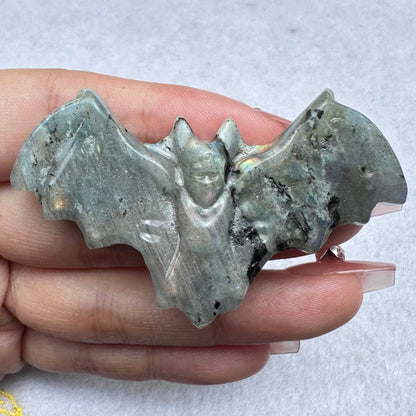 Natural Labradorite Bat Carvings with Glow, 2 Styles, Labradorite Animal Sculptures, Bat Sculptures, Halloween Figurine