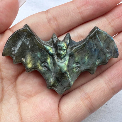 Natural Labradorite Bat Carvings with Glow, 2 Styles, Labradorite Animal Sculptures, Bat Sculptures, Halloween Figurine