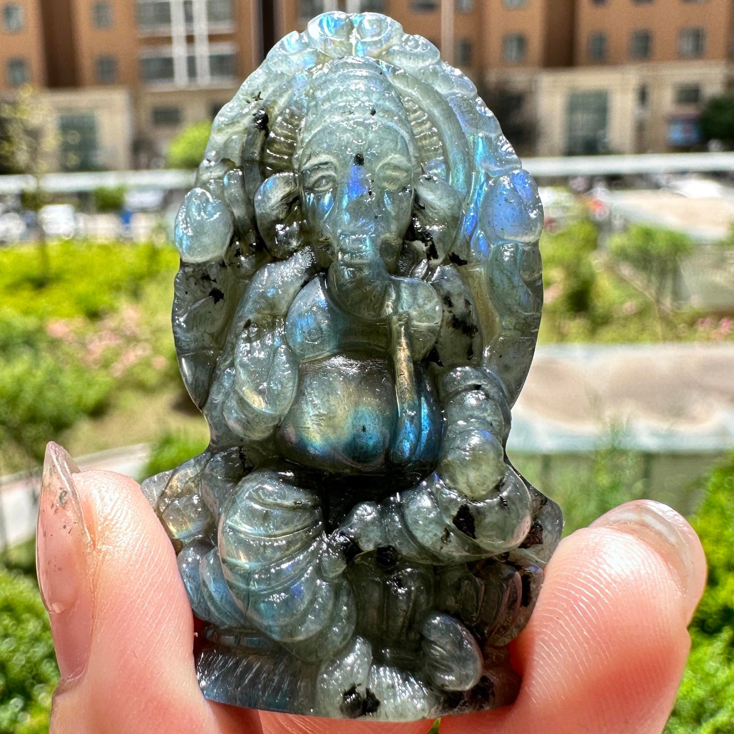 Natural Labradorite Ganesh Carving - Beautiful Handcrafted Sculpture with Mesmerizing Flash; Gemstone Religious Carving, Divine Figurine, Crystal Carving