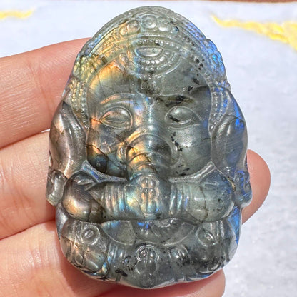 Natural Labradorite Ganesh Carving - Beautiful Handcrafted Sculpture with Mesmerizing Flash; Gemstone Religious Carving, Divine Figurine, Crystal Carving