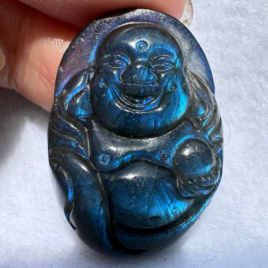 Natural Labradorite Laughing Buddha Carving, 2 Styles Beautiful Handcrafted Sculpture with Mesmerizing Flash; Gemstone Religious Carving, Divine Figurine, Crystal Carving