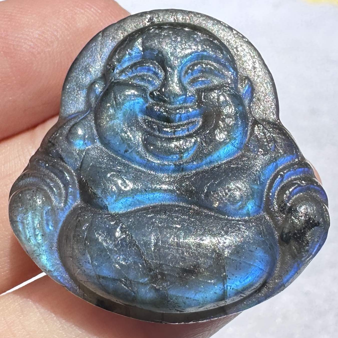 Natural Labradorite Laughing Buddha Carving, 2 Styles Beautiful Handcrafted Sculpture with Mesmerizing Flash; Gemstone Religious Carving, Divine Figurine, Crystal Carving