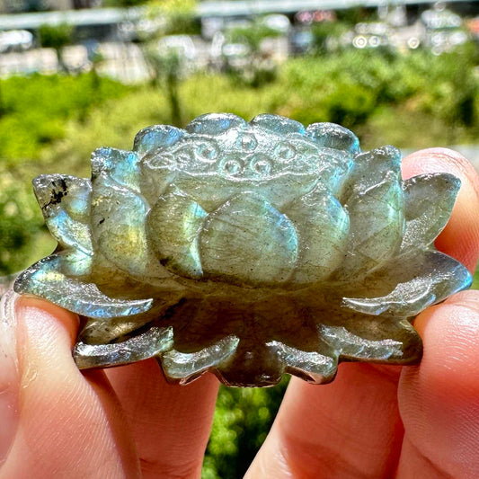 Natural Labradorite Lotus Carvings with Glow, Labradorite Flower Sculptures, Lotus Carving, Flower Carving