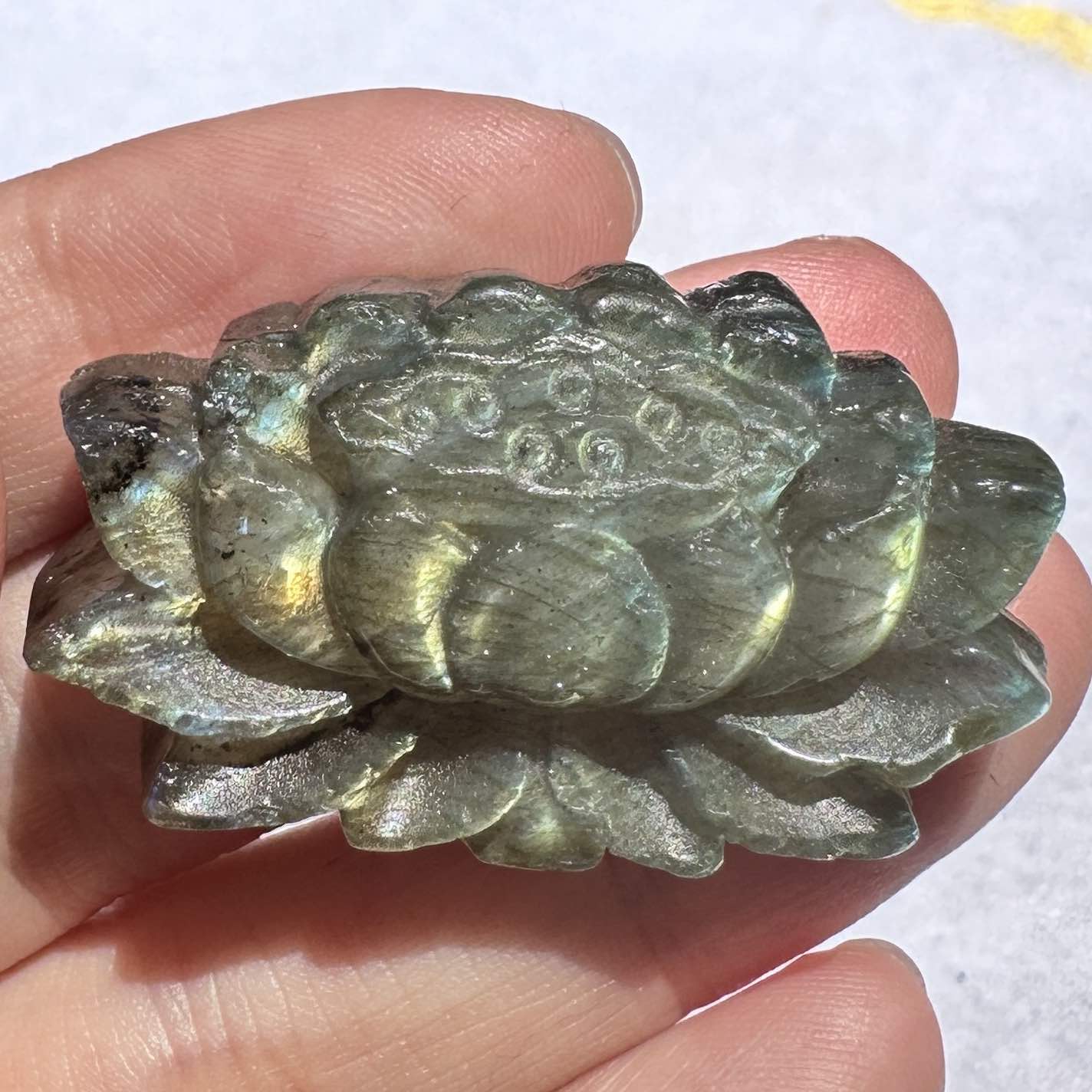 Natural Labradorite Lotus Carvings with Glow, Labradorite Flower Sculptures, Lotus Carving, Flower Carving