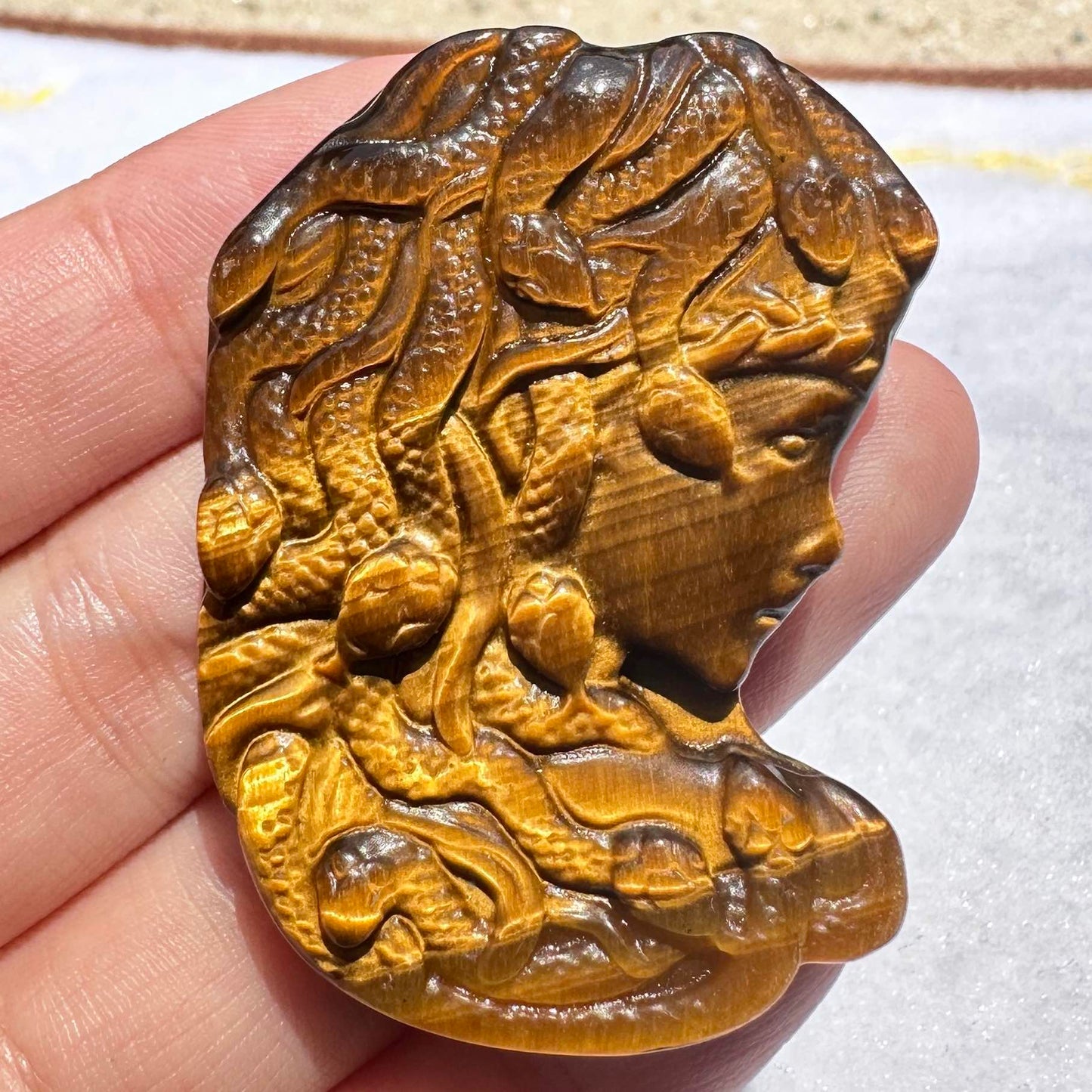 High-quality Tiger's Eye Medusa Carving, Natural Tiger Eye Carvings, Medusa Sculpture