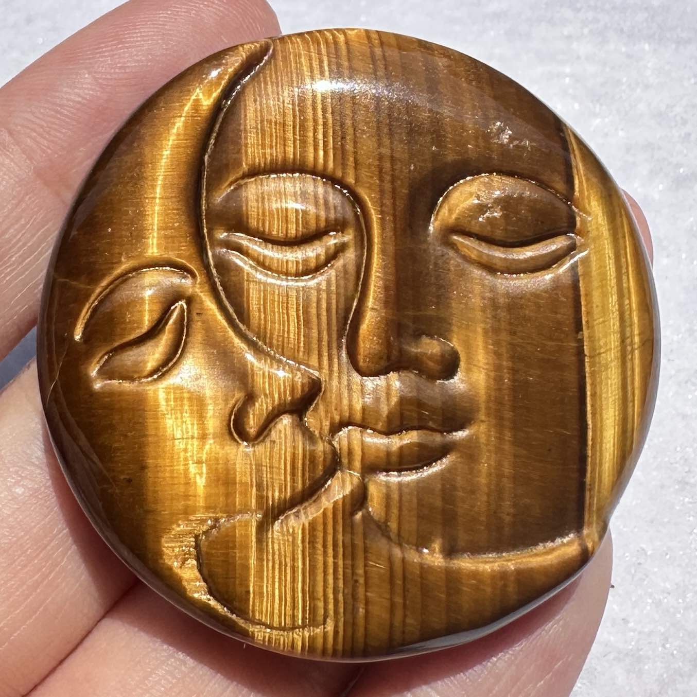 High-quality Tiger's Eye Moon and Sun Faces Carving, Natural Tiger Eye Carvings, Symbol Carving, Moon and Sun Faces Sculpture