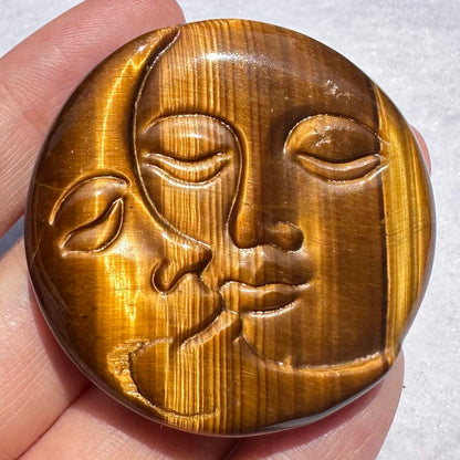 High-quality Tiger's Eye Moon and Sun Faces Carving, Natural Tiger Eye Carvings, Symbol Carving, Moon and Sun Faces Sculpture