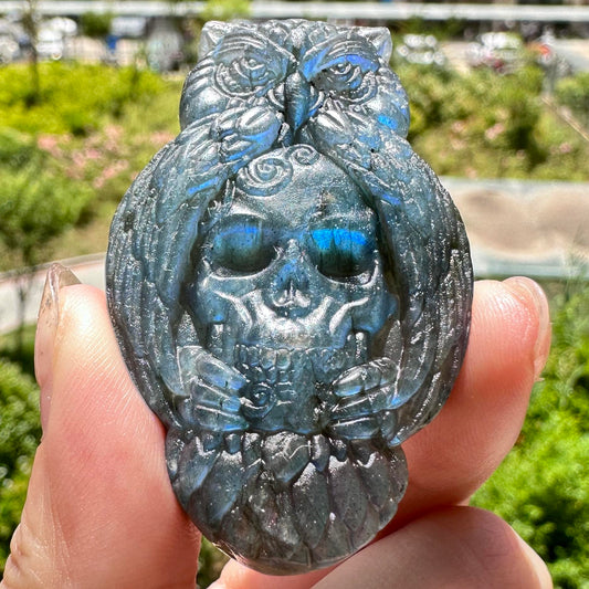 Natural Labradorite Owl Carvings with Glow, 3 Styles Labradorite Sculptures, Owl Sculptures