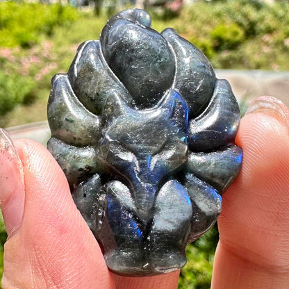 Natural Labradorite Nine-tailed Fox Carvings with Glow, 3 Styles, Labradorite Animal Sculptures, Kitsune Sculptures