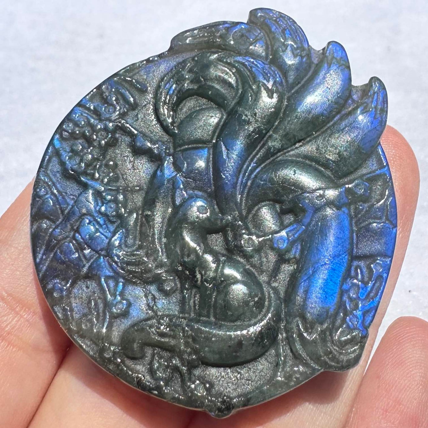 Natural Labradorite Nine-tailed Fox Carvings with Glow, 3 Styles, Labradorite Animal Sculptures, Kitsune Sculptures