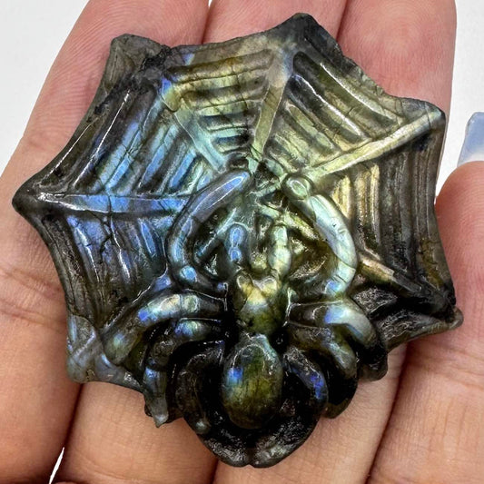 Natural Labradorite Spider Carvings with Glow, Labradorite Animal Sculptures, Spider Carving, Halloween-themed Labradorite Figurine