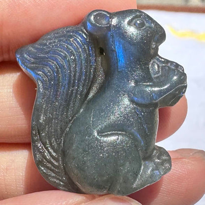 Natural Labradorite Squirrel Carvings with Glow, Labradorite Animal Sculptures, Squirrel Sculptures