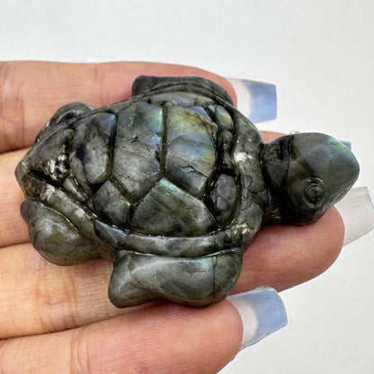 Natural Labradorite Turtle Carvings with Glow, Labradorite Animal Sculptures, Turtle Sculptures