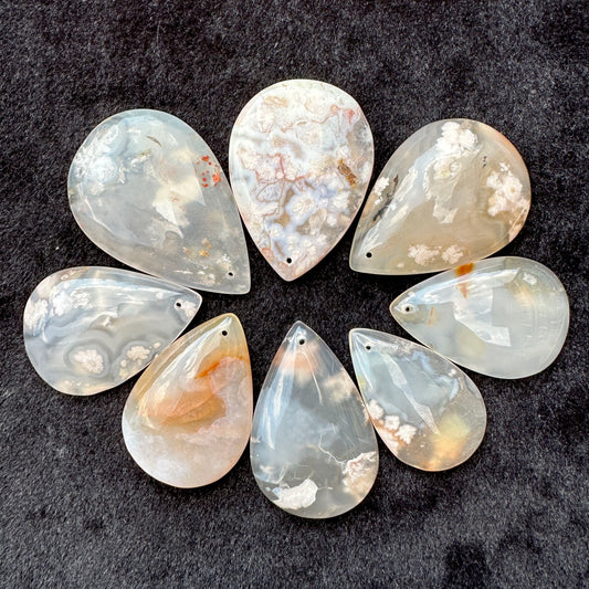 Natural Flower Agate Tear Drop Pendant - Drilled, No Thread; Sakura Agate Teardrop for Jewelry Making, Unique Fashion Accessory