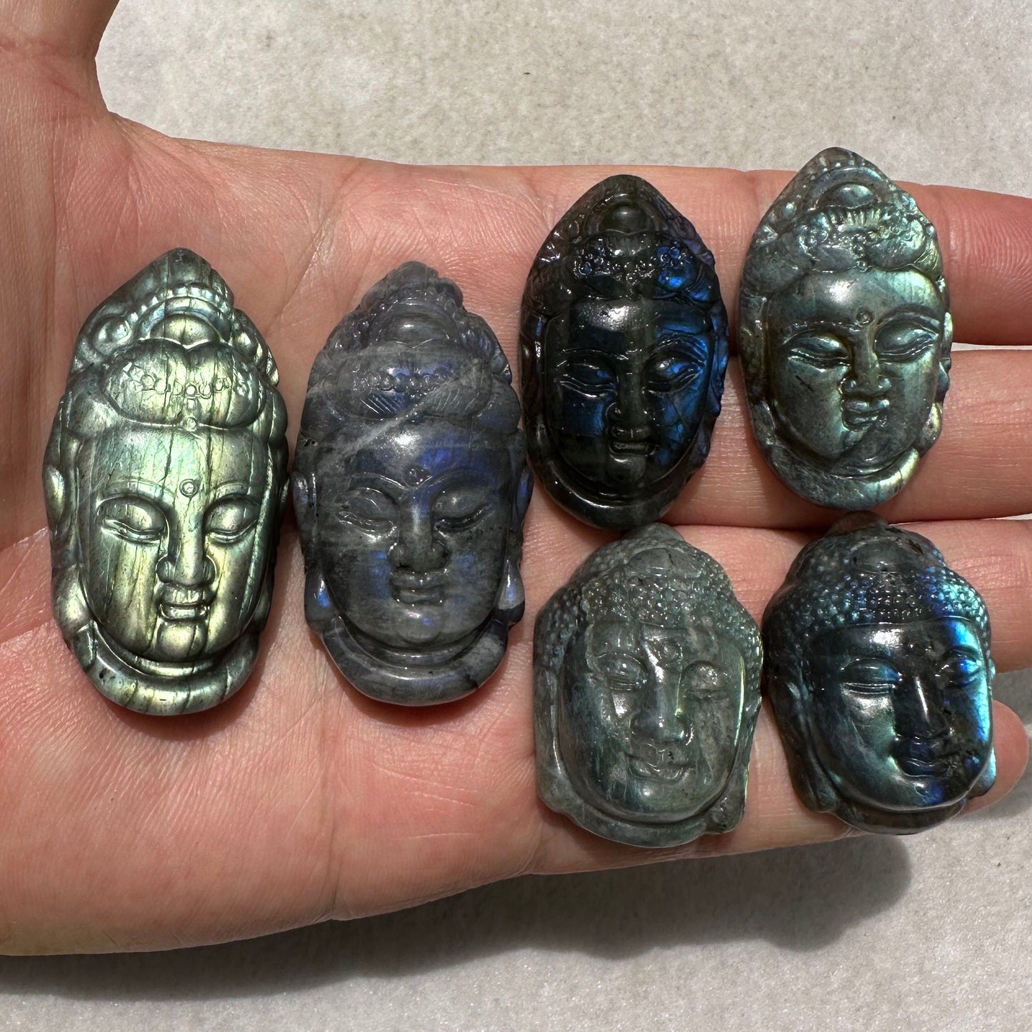 Natural Labradorite Buddha Head Carving, 3 Styles Beautiful Handcrafted Sculpture with Mesmerizing Flash; Gemstone Religious Carving, Divine Figurine, Crystal Carving