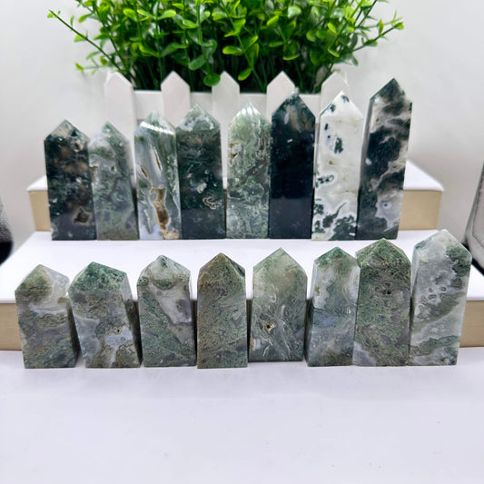 Natural Moss Agate Crystal Point, Some with Geodes; Water Grass Agate Healing Crystal Tower