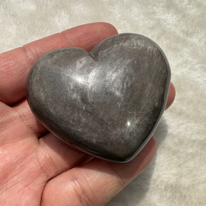 Natural Silver/Golden Obsidian Heart Carving - Shimmering Crystal Love; 5.5-5.8cm/2.17-2.28in Heart Shaped Obsidian Ornament