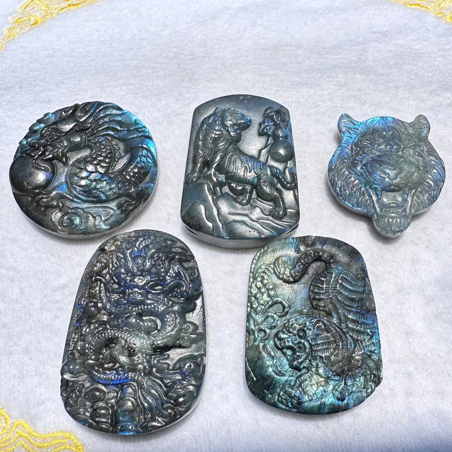 Natural Labradorite Tiger Carvings with Glow, 3 Styles, Labradorite Animal Sculptures, Tiger Sculptures