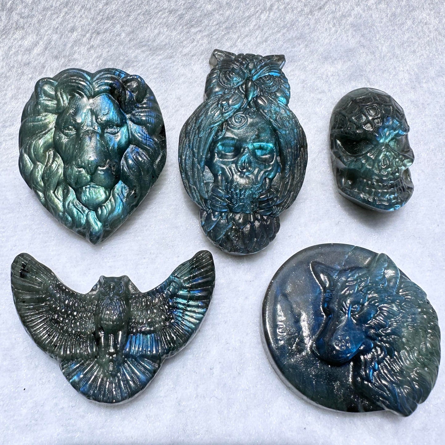 Natural Labradorite Lion Carvings with Glow, Labradorite Animal Sculptures, Lion Sculptures