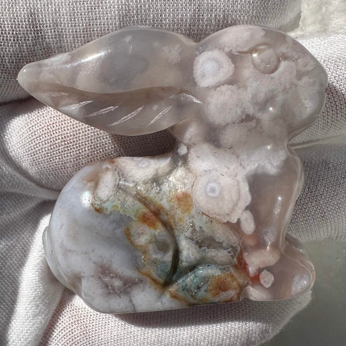 Natural Flower Agate Rabbit Carving, Sakura Agate Animal Sculpture, Crystal Bunny, Gemstone Rabbit Figurine