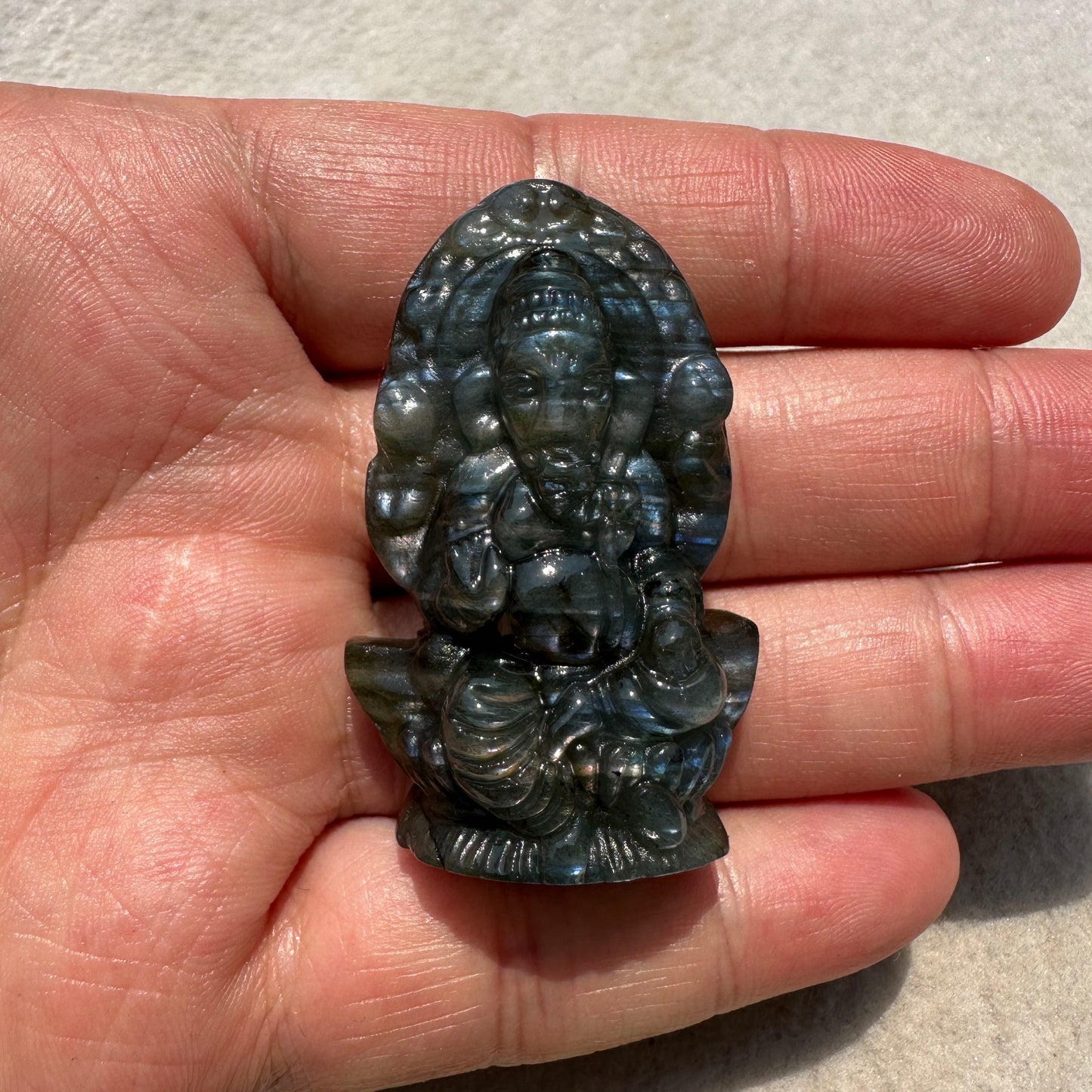 Natural Labradorite Ganesh Carving - Beautiful Handcrafted Sculpture with Mesmerizing Flash; Gemstone Religious Carving, Divine Figurine, Crystal Carving