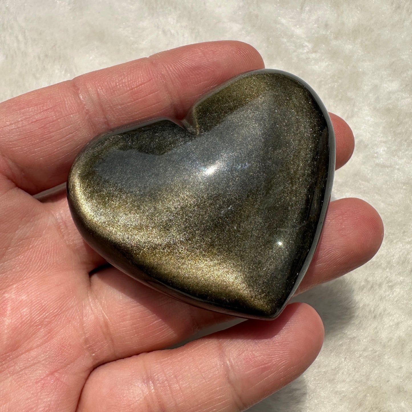 Natural Silver/Golden Obsidian Heart Carving - Shimmering Crystal Love; 5.5-5.8cm/2.17-2.28in Heart Shaped Obsidian Ornament