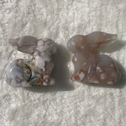 Natural Flower Agate Rabbit Carving, Sakura Agate Animal Sculpture, Crystal Bunny, Gemstone Rabbit Figurine