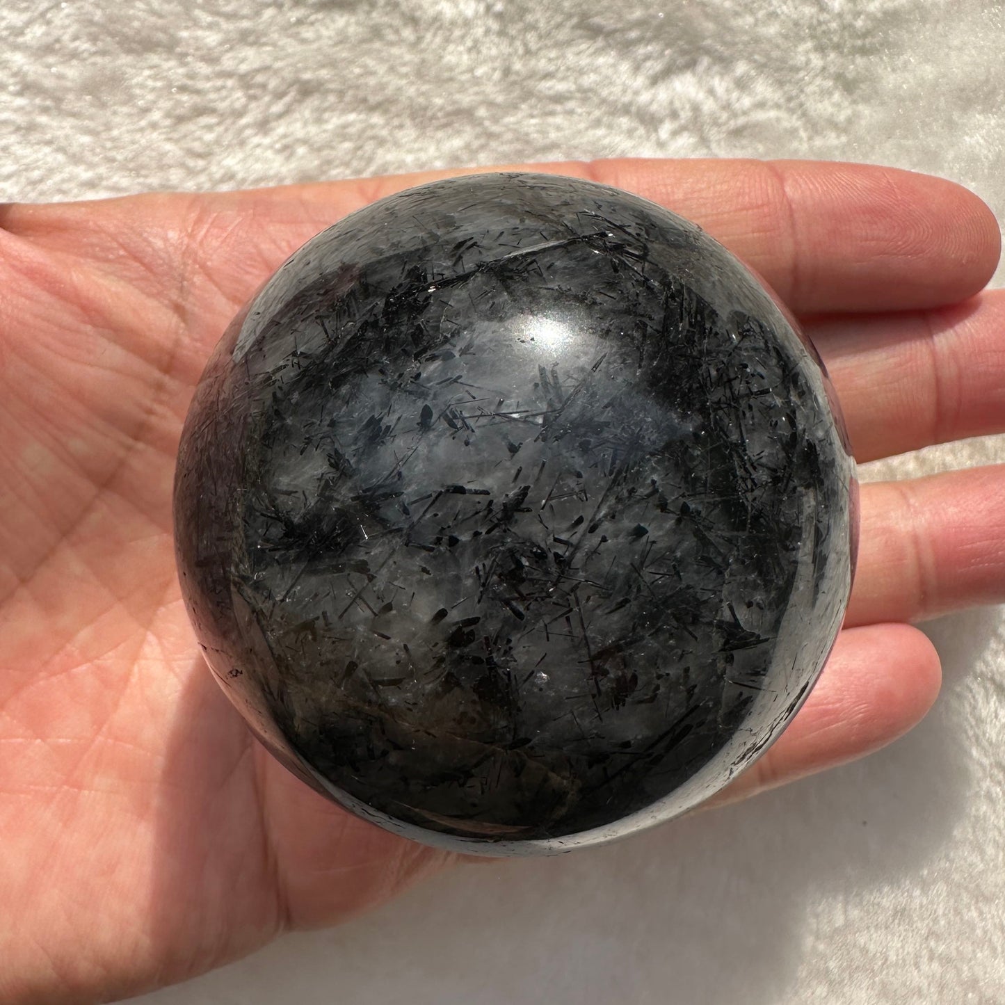 Natural Tourmaline-Embedded Quartz Sphere, Black Hair Quartz Orb, Tourmalinated Quartz Ball