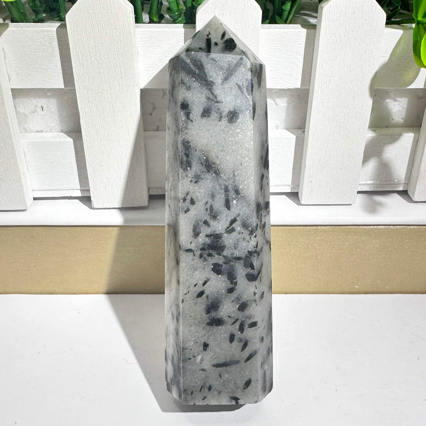 Natural Green Tourmaline Rutile Quartz Point, Milky White Crystal Tower with Deep Green Tourmaline Inclusions