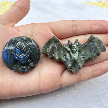 Natural Labradorite Bat Carvings with Glow, 2 Styles, Labradorite Animal Sculptures, Bat Sculptures, Halloween Figurine