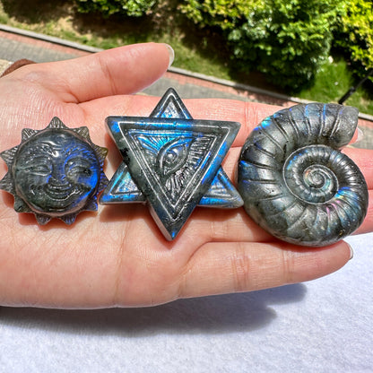 Natural Labradorite Conch Carvings with Glow, Labradorite Animal Sculptures, Conch Sculptures