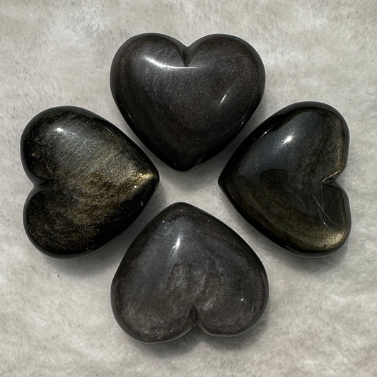 Natural Silver/Golden Obsidian Heart Carving - Shimmering Crystal Love; 5.5-5.8cm/2.17-2.28in Heart Shaped Obsidian Ornament