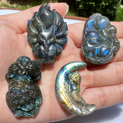 Natural Labradorite Nine-tailed Fox Carvings with Glow, 3 Styles, Labradorite Animal Sculptures, Kitsune Sculptures