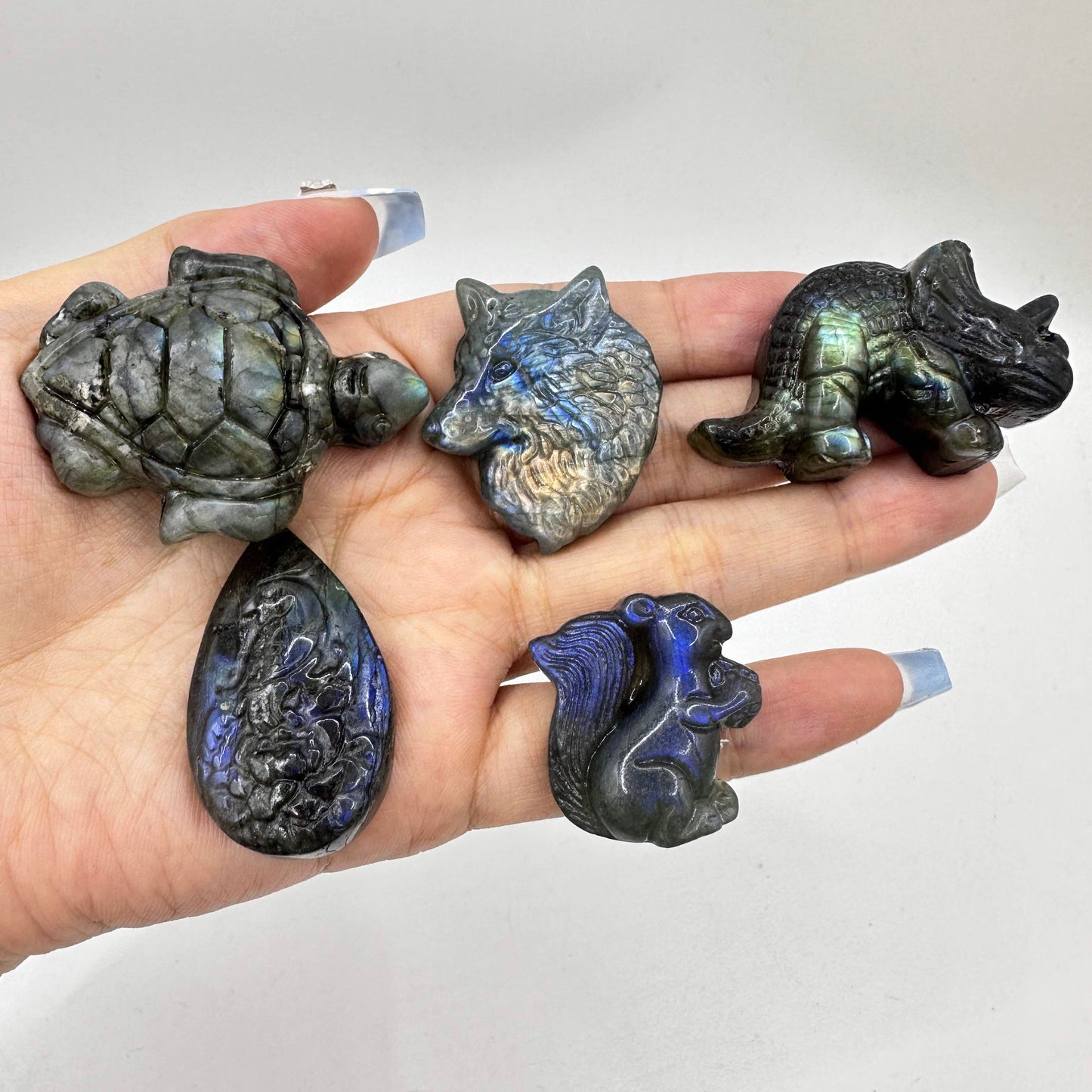 Natural Labradorite Turtle Carvings with Glow, Labradorite Animal Sculptures, Turtle Sculptures