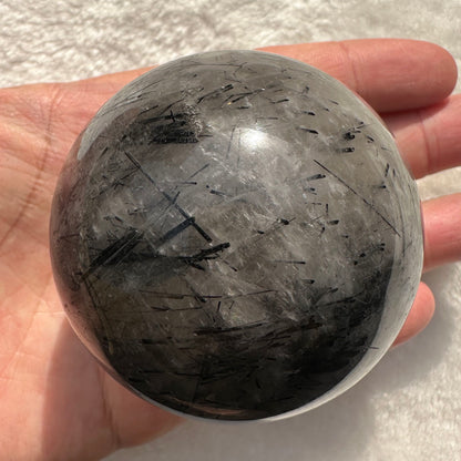 Natural Tourmaline-Embedded Quartz Sphere, Black Hair Quartz Orb, Tourmalinated Quartz Ball