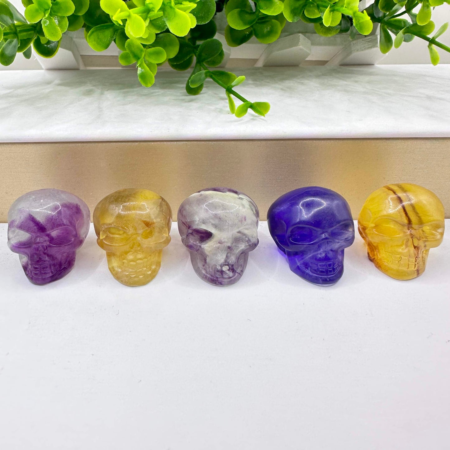 Natural Fluorite Skull Carving, Halloween-themed Fluorite Skull Figurine, Crystal Carving