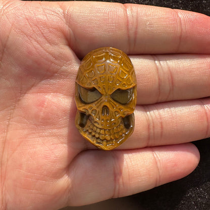 High-quality Tiger's Eye Masked Skull Carving, Natural Tiger Eye Carvings, Skull Carving, Spiderman Masked Skull Sculpture