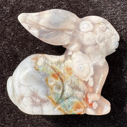 Natural Flower Agate Rabbit Carving, Sakura Agate Animal Sculpture, Crystal Bunny, Gemstone Rabbit Figurine