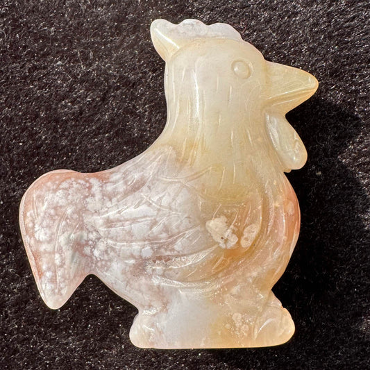 Natural Flower Agate Rooster Carving, Sakura Agate Animal Sculpture, Agate Chicken, Gemstone Rooster Figurine