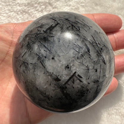 Natural Tourmaline-Embedded Quartz Sphere, Black Hair Quartz Orb, Tourmalinated Quartz Ball