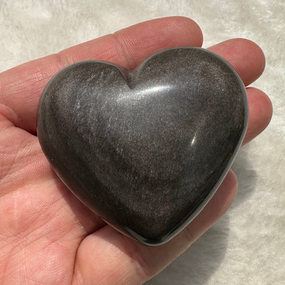 Natural Silver/Golden Obsidian Heart Carving - Shimmering Crystal Love; 5.5-5.8cm/2.17-2.28in Heart Shaped Obsidian Ornament