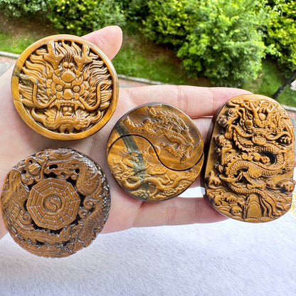 High-quality Tiger's Eye Dragon & Phoenix Carving, 2 Styles Natural Tiger Eye Carving, Dragon and Phoenix Sculpture